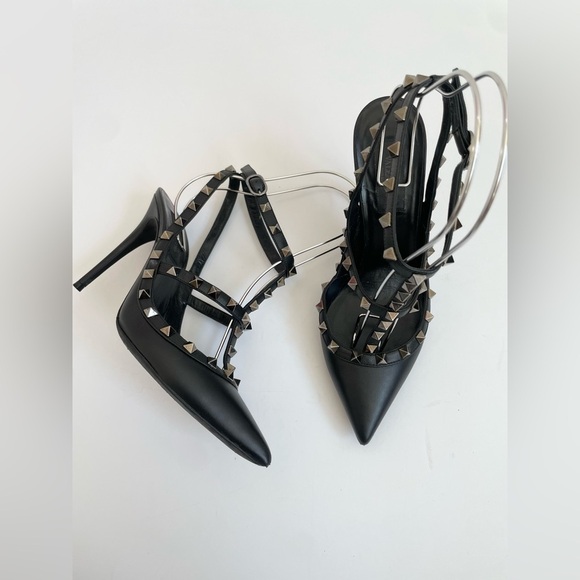 Valentino Black Leather Rockstud Triple Strap Pointed Toe Heel Pumps EU 39